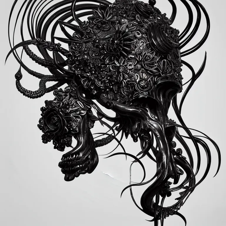 Image similar to black background. absolutely symmetrical sculpture. centered. goddess princess face close-up portrait ram skull. sculpture made of gold and black charcoal. jellyfish phoenix head, nautilus, orchid, skull, betta fish, bioluminiscent creatures, intricate artwork by Tooth Wu and wlop and beeple. octane render, trending on artstation, greg rutkowski very coherent symmetrical artwork. cinematic, hyper realism, high detail, octane render, 8k