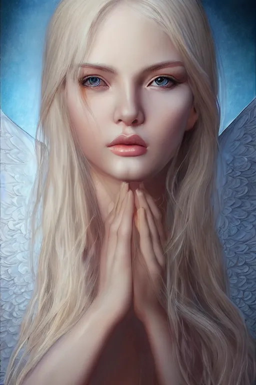 Image similar to realistic painting of a holy blonde female angel, godray, beautiful, detailed, octane render, by artgerm, elegant, matte, symmetrical realistic facial features, biblical