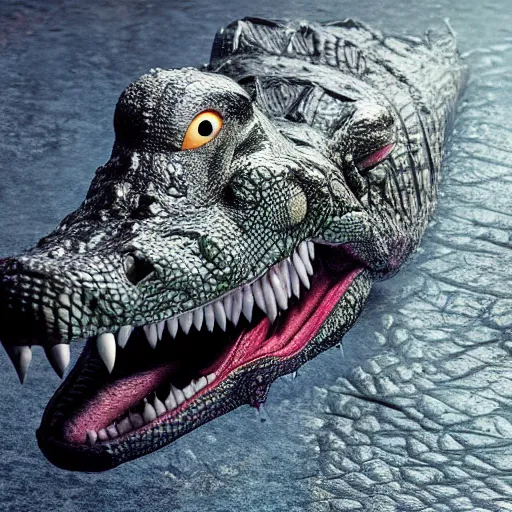 Image similar to hyperrealistic dslr film still of alligator eating elmo, stunning 8 k octane comprehensive 3 d render, inspired by istvan sandorfi & greg rutkowski & unreal engine, perfect symmetry, dim volumetric cinematic lighting, extremely hyper - detailed, extremely lifelike attributes & lifelike texture, intricate, masterpiece, artstation, stunning