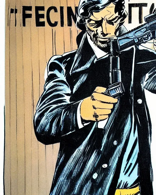 Image similar to detective with gun, wearing trenchcoat, 1 9 7 0 s los angeles, rainy, artwork by frank miller