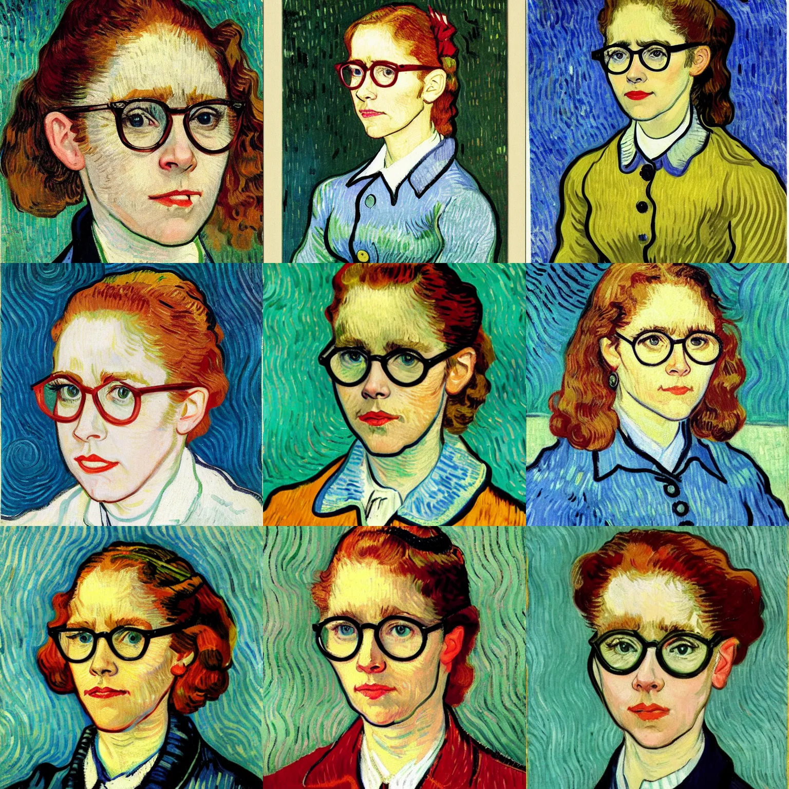 Prompt: portrait of Pam Beesly wearing cat-eye glasses by van gogh