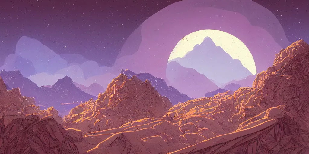 Image similar to isometric room of rooms filled with mountains, stars and paisley filled sky, artstation, intricate, highly detailed, digital painting, concept art, sharp focus, illustration by Jean Claude Mézières and James Gilleard
