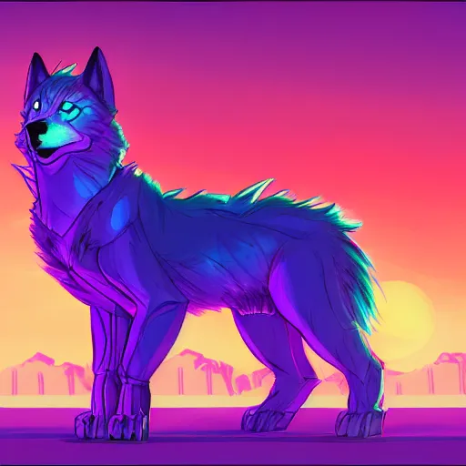 Image similar to a chill synthwave wolf character, digital painting, synthwave, vivid, furaffinity, furry fandom, well - proportioned
