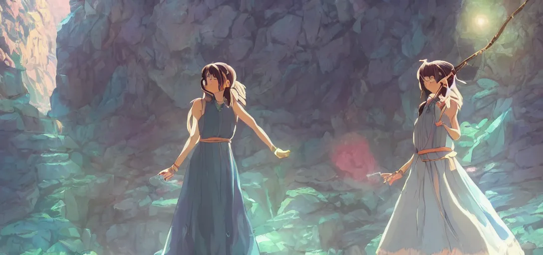 Image similar to Full body portrait of a Himalayan woman in a sleeveless dress, casting a spell on a giant crystal in a cave, detailed, artstation, by Kyoto Animation and Studio Ghibli, by Makoto Shinkai and Ilya Kuvshinov