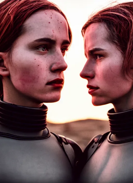 Image similar to cinestill 5 0 d photographic portrait of two loving female androids wearing rugged black techwear on a desolate plain with a red sky, extreme closeup, cyberpunk style, leather garters, dust storm, 8 k, hd, high resolution, 3 5 mm, f / 3 2, ultra realistic faces, ex machina