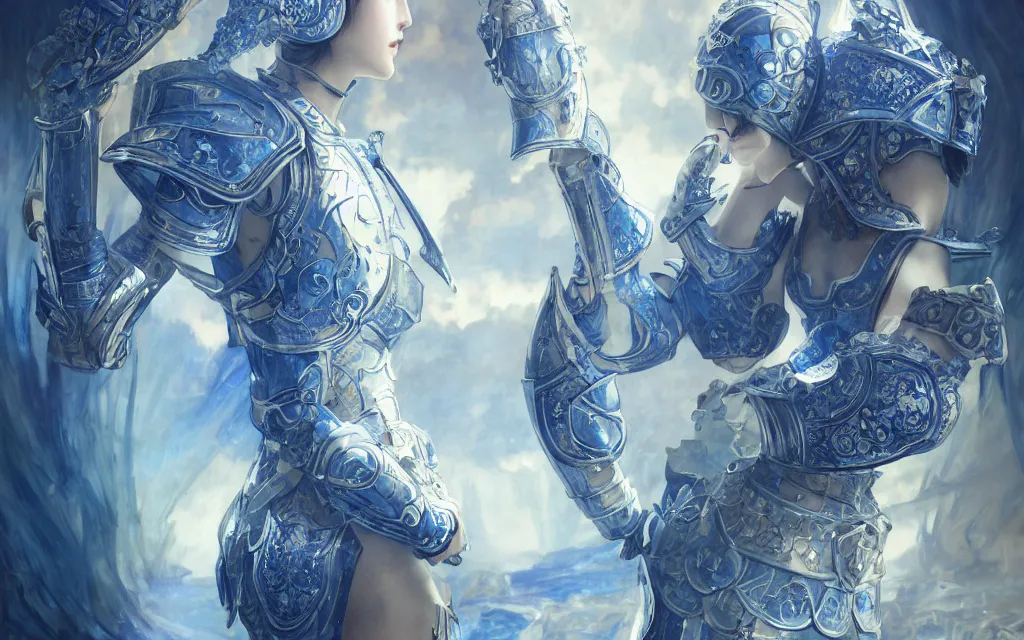 Image similar to knights of zodiac girl, chinese blue and white porcelain reflected armor, armor knight cinematic shot, in ruined agora of athens, ssci - fi and fantasy, intricate and very very beautiful and elegant, highly detailed, digital painting, artstation, concept art, smooth and sharp focus, illustration, art by tian zi and wlop and alphonse mucha