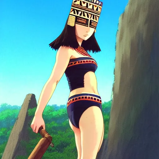 Image similar to beautiful boyish natalie portman alluring gravure model, wearing aztec wooden mask helmet cap and leotard, elegant bulky aztec football gear subtle mayan patterns, elegant aztec bathing suit, gapmoe yandere grimdark, trending on pixiv fanbox, painted by greg rutkowski makoto shinkai takashi takeuchi studio ghibli, akihiko yoshida