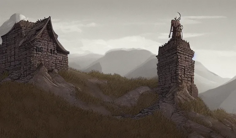 Prompt: A serene landscape with a singular building in the style of game of thrones