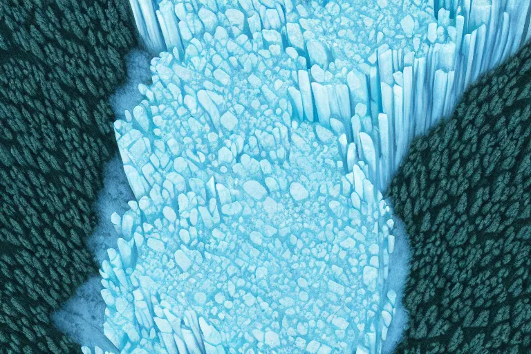 Image similar to areal view of a mile tall ice wall, spanning a continent, dividing a green forest, fantasy, digital art, brilliant, trending on artstation