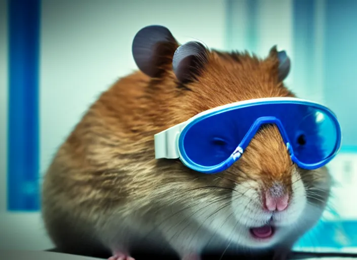 Image similar to film still of a hamster wearing goggles working in a research lab finding the cure for cancer, 8 k