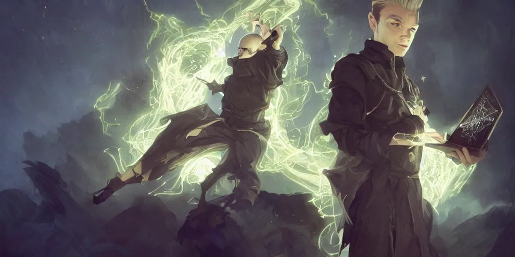 Image similar to character concept portrait of a handsome young wizard with olive skin and buzzed short spiky hairstyle casting a glowing spell with glowing runes, a floating iridescent spell book, intricate, elegant, digital painting, concept art, smooth, sharp focus, illustration, from Metal Gear, by Ruan Jia and Mandy Jurgens and Artgerm and William-Adolphe Bouguereau