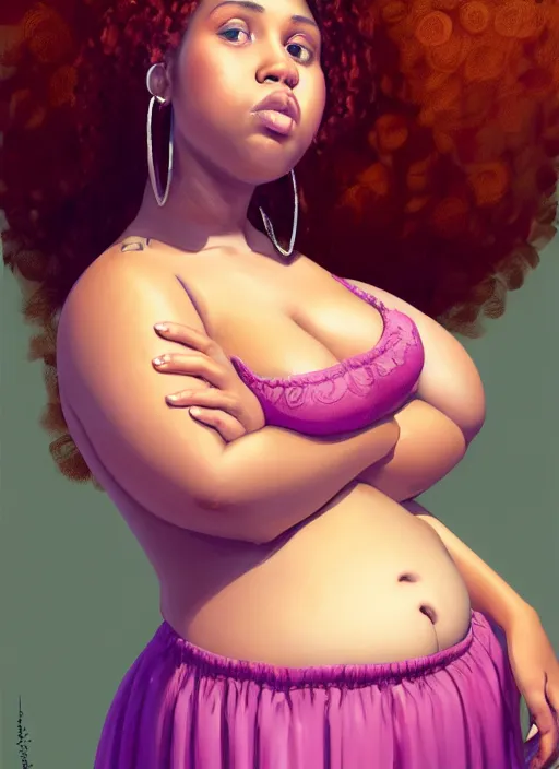 Image similar to full body portrait, teenage vanessa morgan, pink hair, brown skin, obese, curly pixie hair, sultry, realistic, short hair, hoop earrings, skirt, shirt, fat, belly, intricate, elegant, highly detailed, digital painting, artstation, concept art, smooth, sharp focus, illustration, art by wlop, mars ravelo and greg rutkowski