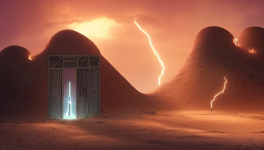 Image similar to a glowing magical gate inside a sand tsunami fantasy time in the desert to another dimension, focus gate, protal, a man watching over, lightning by, caspar david friedrich by james gilleard and justin gerard, artstation, smooth, sharp focus, by jean baptiste, octane render