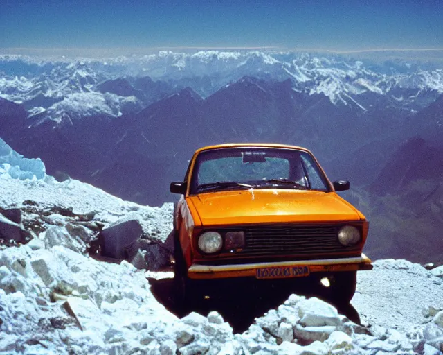 Image similar to a lomographic photo of old lada 2 1 0 7 standing on top of the mount everest, cinestill, bokeh