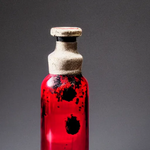 Image similar to a bottle filled with opaque, red slime and eyes