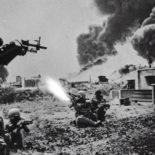 Image similar to minions firing a minigun from a pillbox, debris and dirt flying from recoil, smoke, war photography