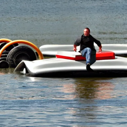 Prompt: man riding a levitating hovercraft