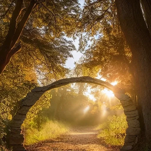 Prompt: woodland path golden hour wide angle. stone archway on the left. inside the archway is a portal to another land with bright sunlight and a seashore. a silhouette of a humanoid stands in the portal, highly textured, adventurous