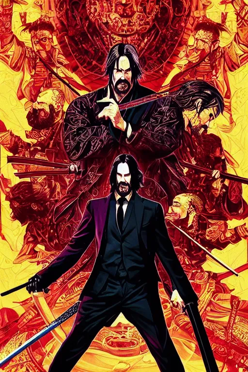 Image similar to poster of john wick as a samurai, by yoichi hatakenaka, masamune shirow, josan gonzales and dan mumford, ayami kojima, takato yamamoto, barclay shaw, karol bak, yukito kishiro, highly detailed