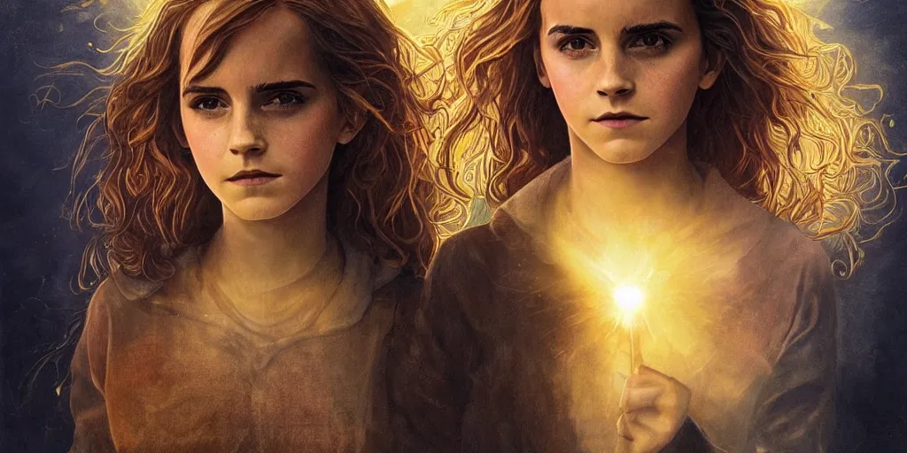 Image similar to Surreal. Vivid. Emma Watson as Hermione Granger. Beautiful. Golden. Hazel. Rays of light. WLOP!!!. Sunset. Captivating. James Paick. Gustave Baumann. Guy Denning. Jean Delville. Clyde Caldwell. Andrew Ferez. John Harris. Extremely detailed. 4K.