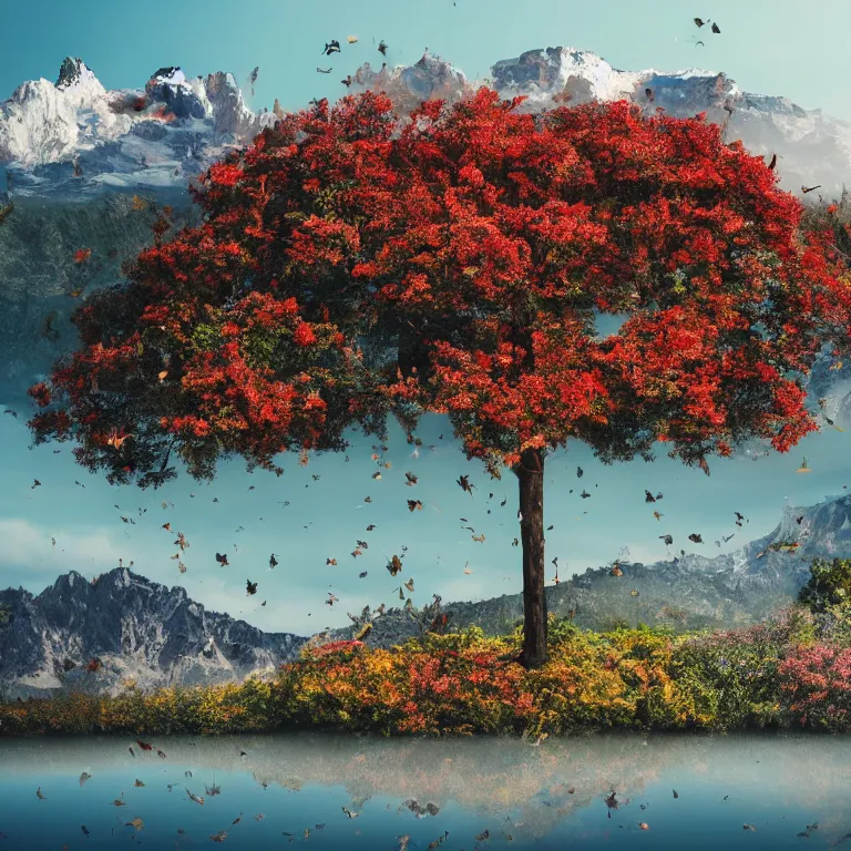 Image similar to a beautiful awesome artistic tree with falling flowers like leaves and many birds, all in the amazing outdoors view, mountain in the background, lake, long exposure, 8 k resolution, trending on artstation