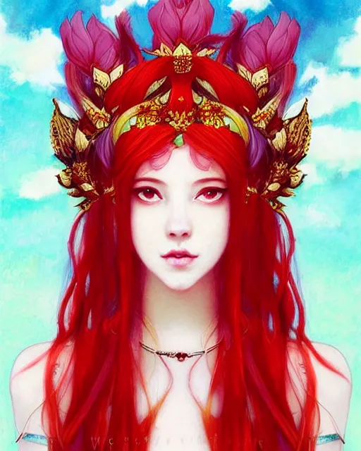 Image similar to the goddess of summer, with lotus on her head, red hair, half - length head portrait, dreamy, beautiful, by wlop