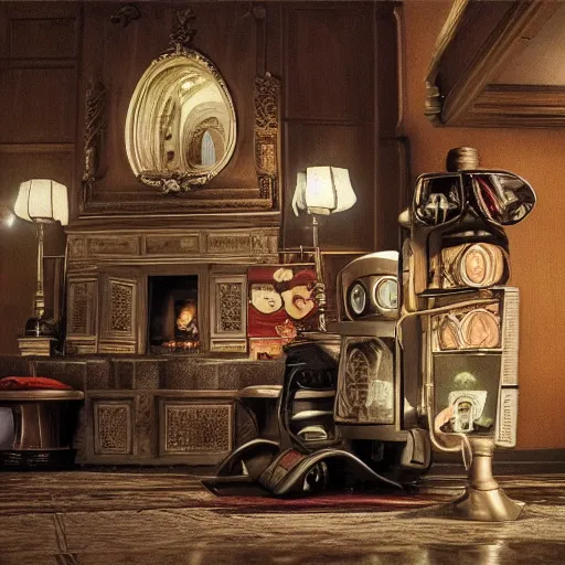 a lonely robot reads a book near a fireplace in a Stable Diffusion