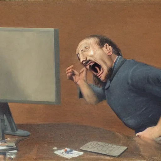 Image similar to an angry man screams at his computer monitor, oil on canvas, 1 8 8 3, highly detailed