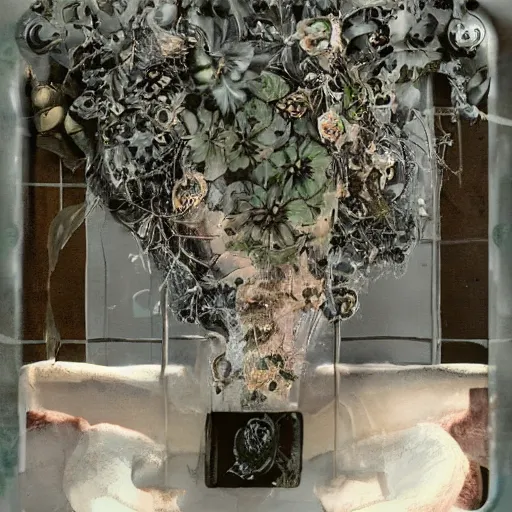 Image similar to a beautiful detailed front view portrait of a rotten woman corpse with fractal plants and fractal flowers growing around, volumetric light, beautiful lit, polaroid photography