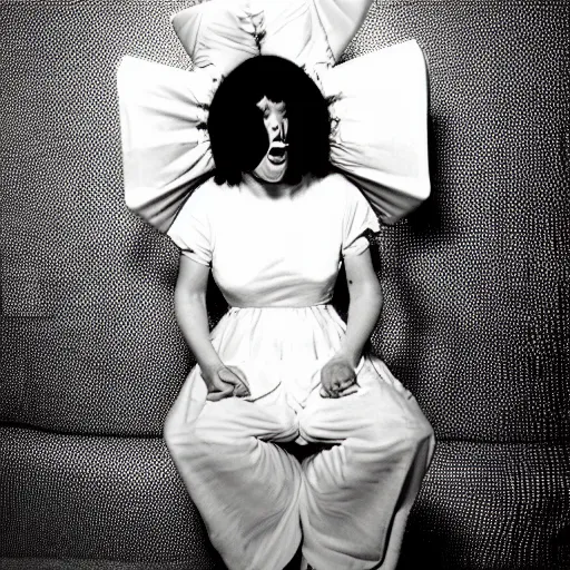 Prompt: Bjork in her 20s, singing inside a huge sugar cube, her facial expression shows anguish