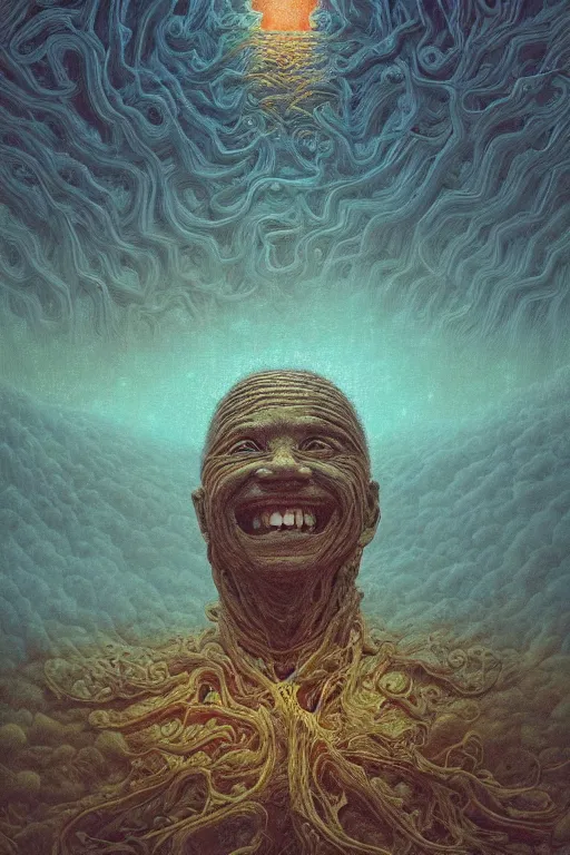 Image similar to 4K Stunningly detailed Ancient Beautiful portrait of a Smile inspired in beksinski and dan mumford work, remixed with Simon Stalenhag work, sitting on the cosmic cloudscape