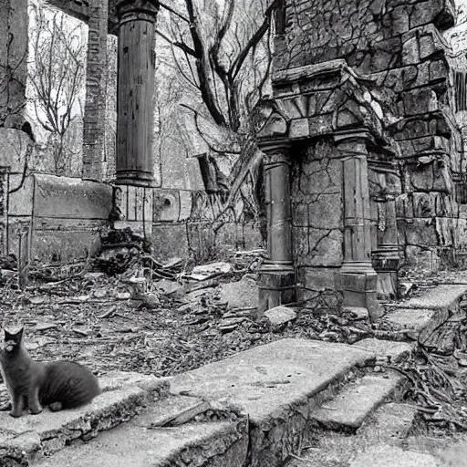 Image similar to a cat living in a post apocalyptic world, ruines, lush trees and beautiful gardens, remnants of the old civilization that once lived, highly detailed photograph.