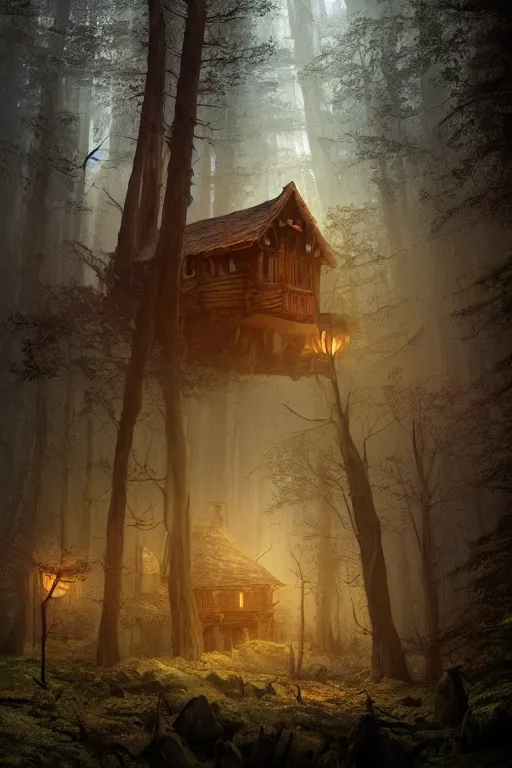 Prompt: the wooden house of a ancient witch in an ancient old forrest, eeire mood, Dynamic lighting, cinematic, establishing shot, extremely high detail, photo realistic, cinematic lighting, , post processed denoised, concept design, concept art, artstation, matte painting, midjourney, style by alex ross, raphael lacoste, eddie mendoza