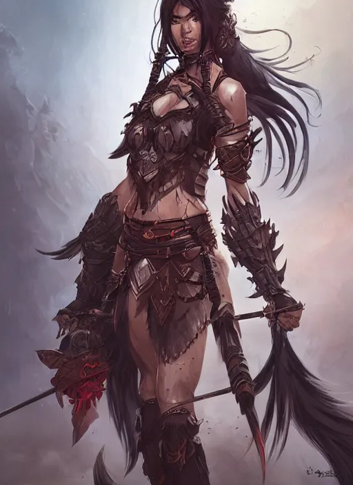 Image similar to beautiful warrior lady, black long hair, practical armor, brown skin, demonic eyes, low fantasy, extremely detailed, sharp focus, smooth, digital illustration, by rossdraws, frank franzzeta, sakimichan