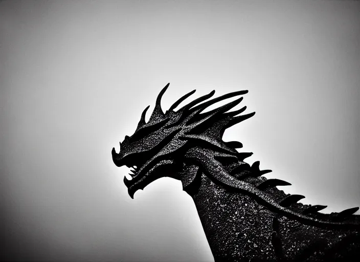 Image similar to dragon, mist, lomography photo effect, monochrome, noise grain film