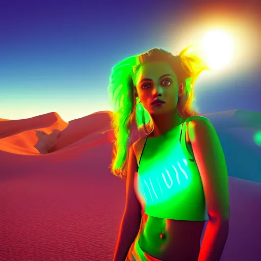 Image similar to a girl glowing with neon colors in the middle of a beautiful desert sunrise,high detail of the face, high detail, high modernization, high stylization, photorealistic, 8k resolution, octane render, unreal engine