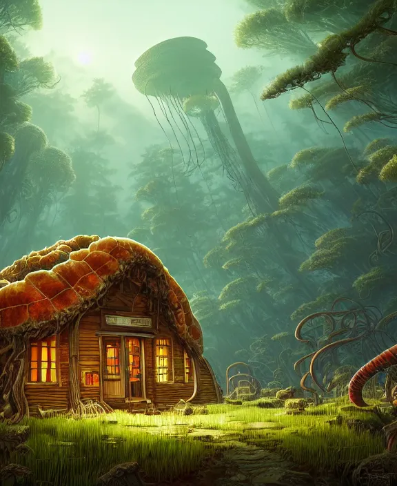 Image similar to a mammoth schoolhouse made from jellyfish, overgrown with huge exotic fungus, deep in the woods, noon, sun drenched, partly cloudy, by dan mumford, yusuke murata, makoto shinkai, ross tran, cinematic, unreal engine, cel shaded, featured on artstation, pixiv