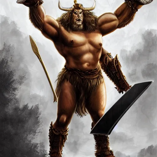 Image similar to Giant minotaur beast warrior with two handed axe, heavy white and golden armor, impressive horns, long mane, full body, muscular, dungeons and dragons, hyperrealism, high details, digital painting