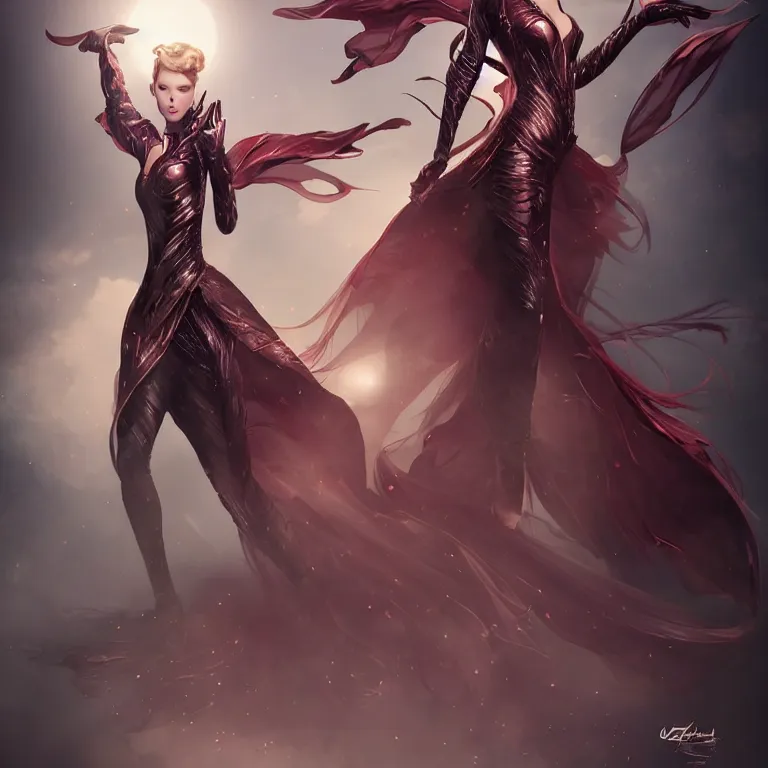 Image similar to beautiful cinematic fantasy poster, character concept of a beautiful fashion model wearing haute couture in dynamic pose, wideshot ultrawide angle epic scale, hybrid, by artgerm; wayne reynolds art station; cinematic quality character render; low angle; ultra high quality model; production quality cinema model;