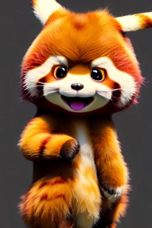 Prompt: high quality 3 d render hyperrealist very cute happy red panda & cat hybrid, vray smooth, detective pikachu, very dramatic light, low angle, uhd 8 k, shallow depth or field