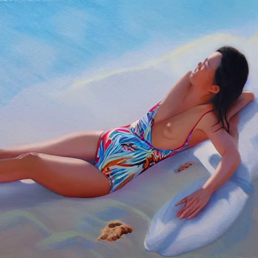 Image similar to perfect, realistic oil painting of close-up japanese woman in racing one-piece swimsuit, at sand beach with palms, by an American professional senior artist, Hollywood concept, dynamic composition and motion