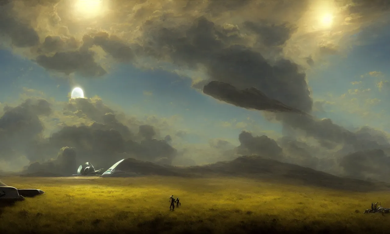 Prompt: Science-Fiction spaceship hovering over a grassy field on an alien planet at daylight, by John Harris, Federico Pelat, Ivan Aivazovsky, Matte Painting, 4k,