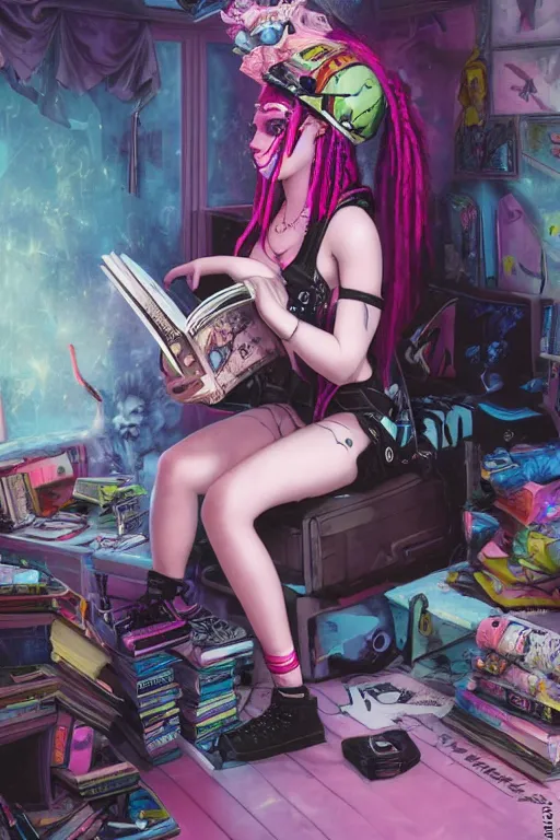 Image similar to cybergoth girl with pink dreads sitting on the floor of a cluttered 9 0 s bedroom reading a book by artgerm, tom bagshaw, gerald brom, vaporwave colors, lo - fi colors, vaporwave, lo - fi, 4 k, hd,