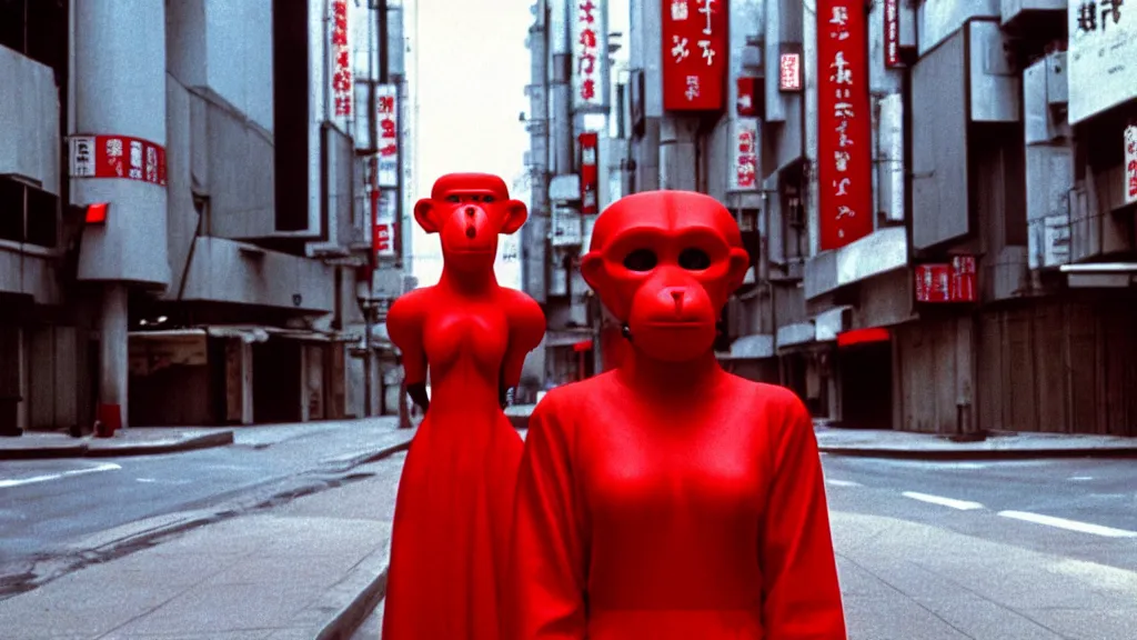 Image similar to a woman in a red dress wearing a red baboon mask standing alone on an empty street in downtown Tokyo , film still from the an anime directed by Katsuhiro Otomo with art direction by Salvador Dalí, wide lens