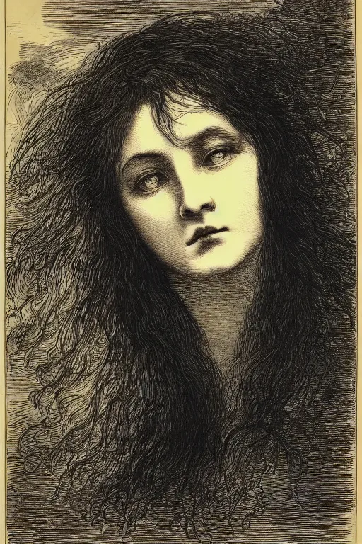 Prompt: extreme close-up hair covering a woman\'s face, forest background, Gustave Dore lithography