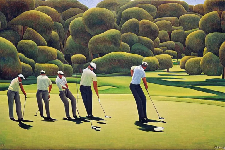 Image similar to Three golfers on a beautiful golf course driving range, by Diego Rivera