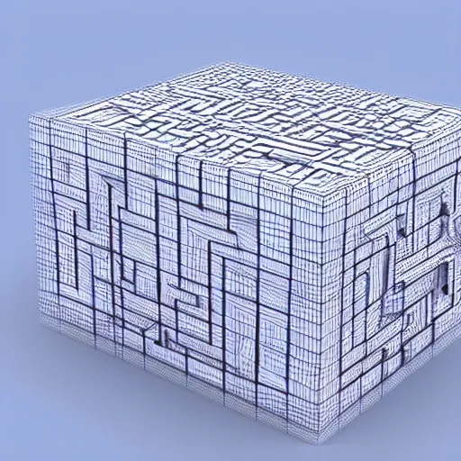 Prompt: 3D render of a 3-dimensional cube maze made out of metal, white background