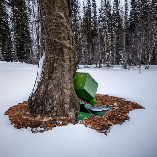 Image similar to big satellite debris scattered in snow open plane in a forest in Canada, below zero, two reporters take photos, in the style of Simon Stalenhag