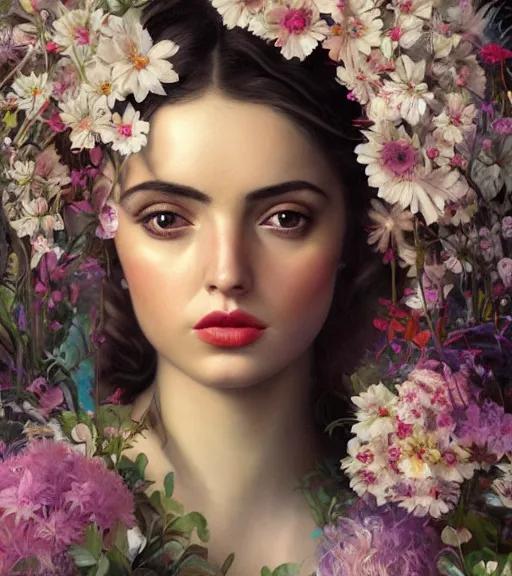 Image similar to portrait of ana de armas in 3 0 s, surrounded by flowers by karol bak, james jean, tom bagshaw, rococo, trending on artstation, cinematic lighting, hyper realism, octane render, 8 k, hyper detailed