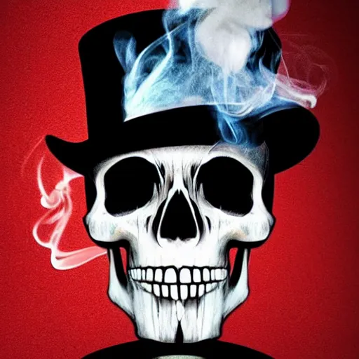 Image similar to Skull, top hat, smoke, smoke coming out of skull, hyperrealistic,